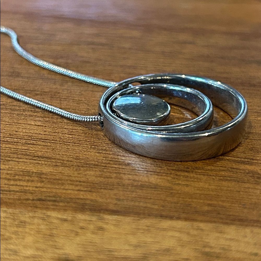 Silver Tone Circular Pendant Necklace 38” chain Statement Minimalist Unique